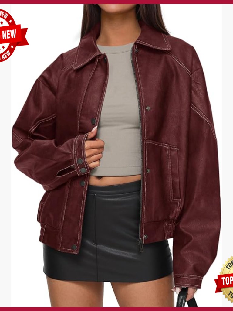 Faux Leather Bomber Jacket Oversized Moto Style Zip Up Winter Coat